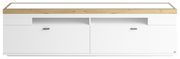 Weißes TV-Lowboard mit Holzoberfläche, zwei Schubladen und zwei Türen, frontale Ansicht