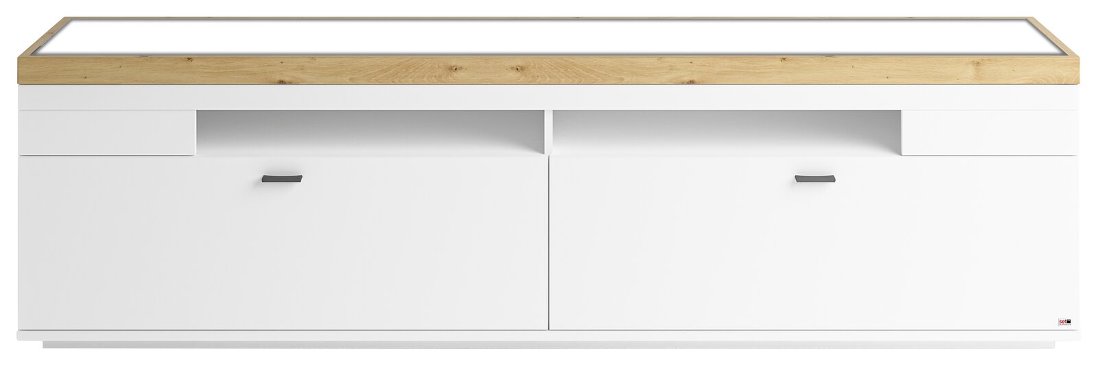 Weißes TV-Lowboard mit Holzoberfläche, zwei Schubladen und zwei Türen, frontale Ansicht