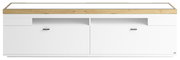 Weißes TV-Lowboard mit Holzoberfläche, zwei Schubladen und zwei Türen, frontale Ansicht