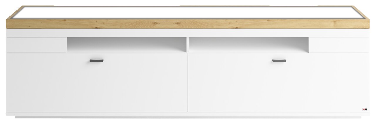 Weißes TV-Lowboard mit Holzoberfläche, zwei Schubladen und zwei Türen, frontale Ansicht