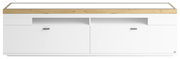 Weißes TV-Lowboard mit Holzoberfläche, zwei Schubladen und zwei Türen, frontale Ansicht