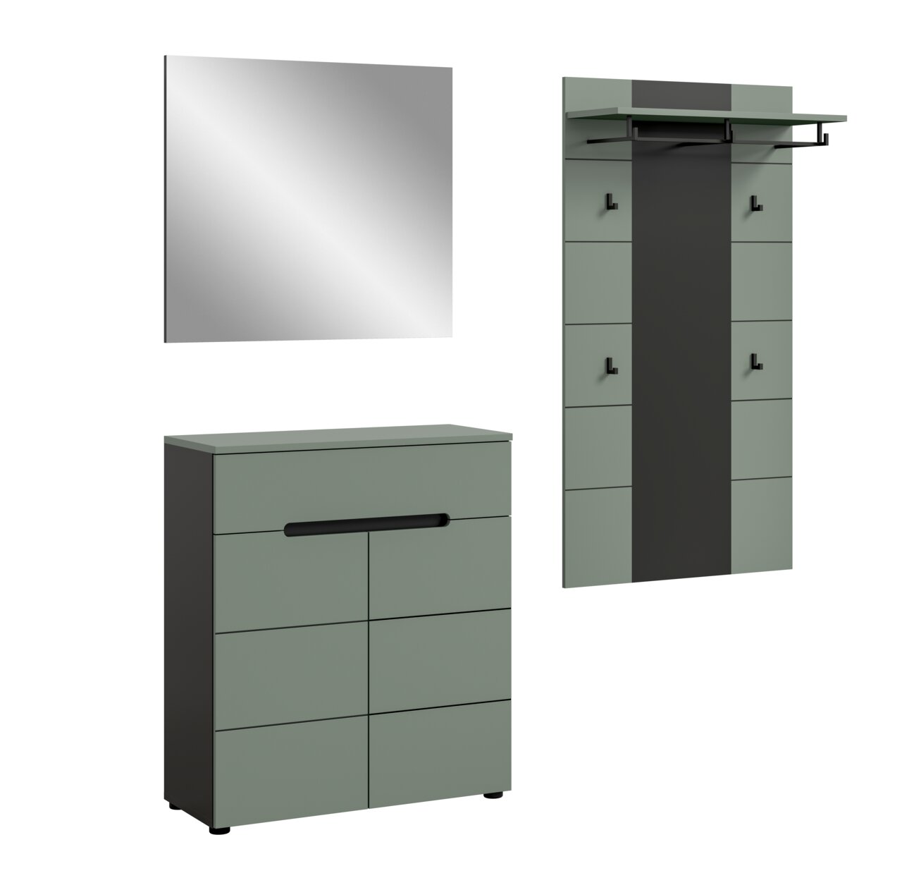 Modernes Garderoben-Set in Salbeigrün und Anthrazit mit Wandspiegel, Schuhschrank und Garderobenpaneel mit Ablage und Haken, frontale Ansicht