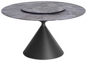 Moderner Esstisch mit rundem, grauem Marmortischplatte und konischem, schwarzem Sockel, seitliche Perspektive