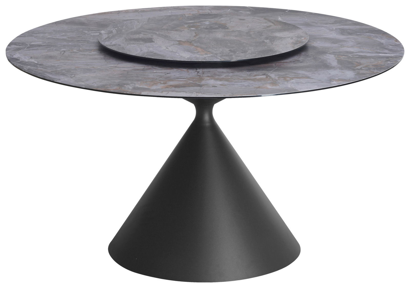Moderner Esstisch mit rundem, grauem Marmortischplatte und konischem, schwarzem Sockel, seitliche Perspektive