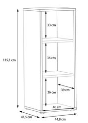 Schmales Regal XORA GOLDSBORO mit drei offenen Fächern, Seitenansicht, Maße: 115,1 cm hoch, 44,8 cm breit, 41,5 cm tief.