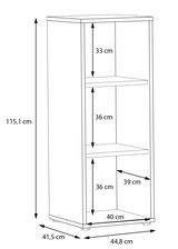 Schmales Regal XORA GOLDSBORO mit drei offenen Fächern, Seitenansicht, Maße: 115,1 cm hoch, 44,8 cm breit, 41,5 cm tief.
