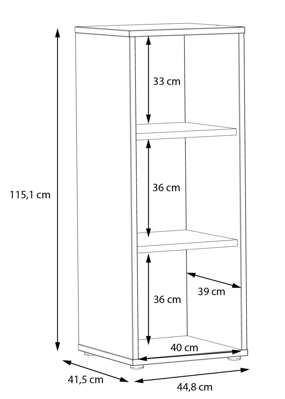 Smalle kast XORA GOLDSBORO met drie open vakken, zijaanzicht, afmetingen: 115,1 cm hoog, 44,8 cm breed, 41,5 cm diep.