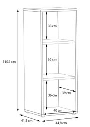Smalle kast XORA GOLDSBORO met drie open vakken, zijaanzicht, afmetingen: 115,1 cm hoog, 44,8 cm breed, 41,5 cm diep.