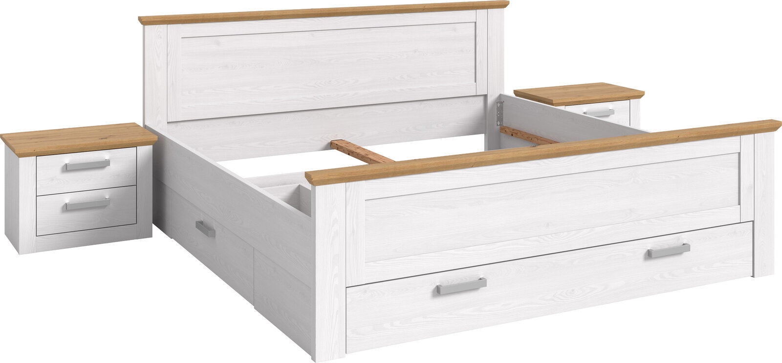 Weißes Doppelbettgestell mit Holz-Akzenten, integrierten Schubladen und zwei passenden Nachttischen, in schräger Frontansicht von rechts auf weißem Hintergrund