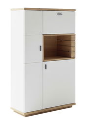 Weißes Highboard mit Holzakzenten und offenen Fächern, seitliche Perspektive