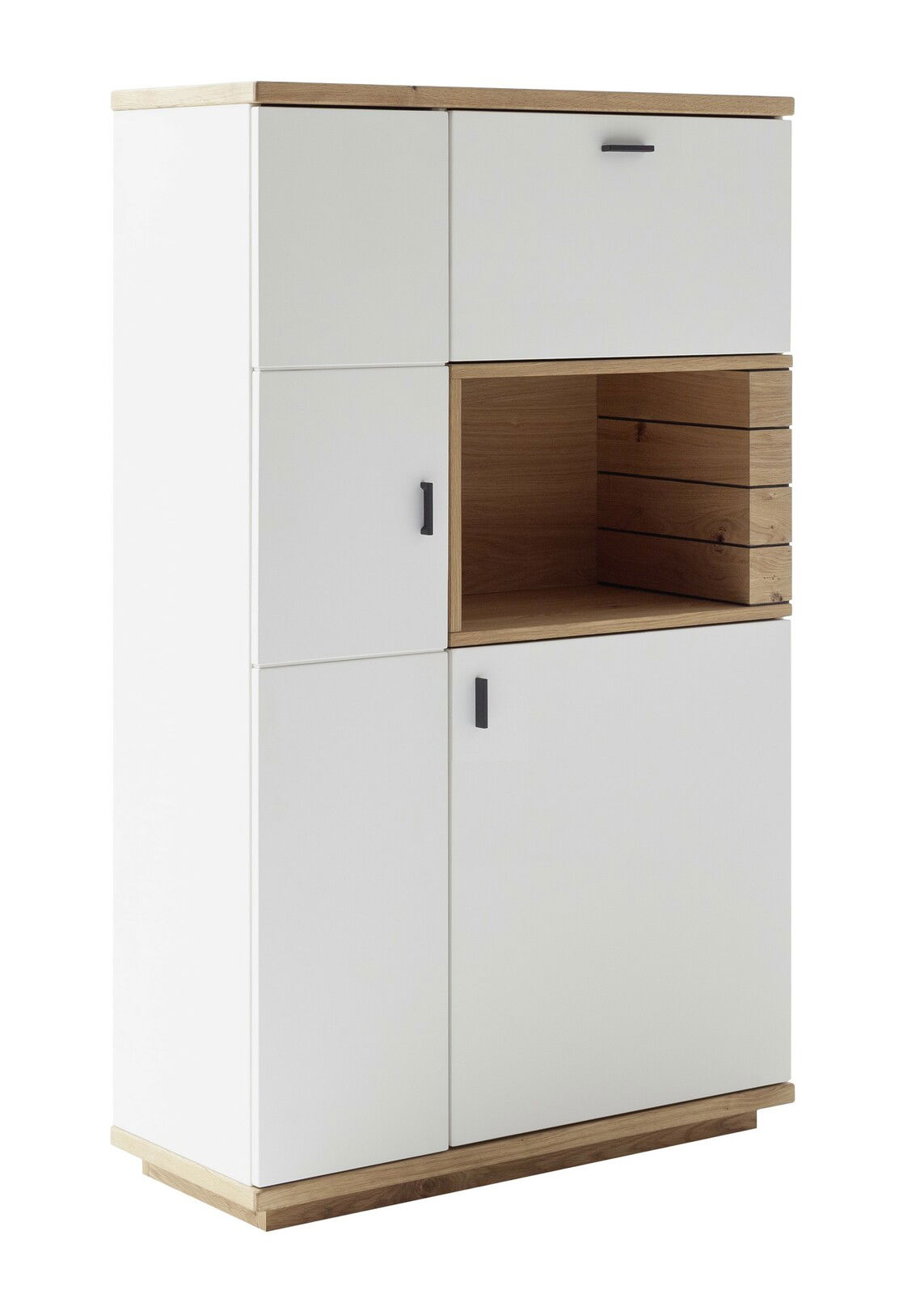 Weißes Highboard mit Holzakzenten und offenen Fächern, seitliche Perspektive