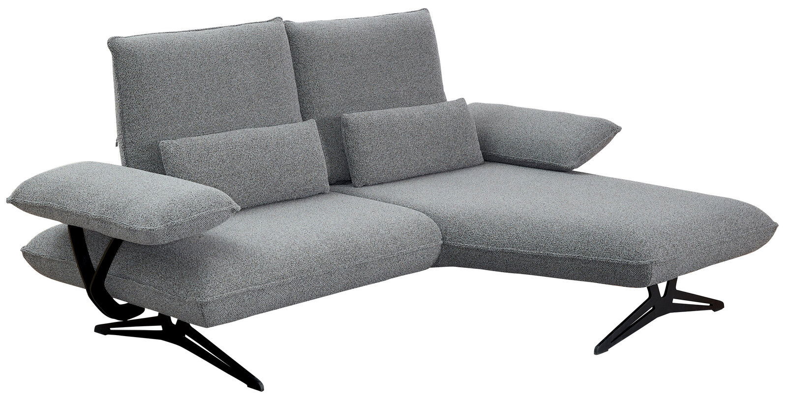 Graue Longchairkombination mit modernen schwarzen Metallfüßen, seitliche Perspektive