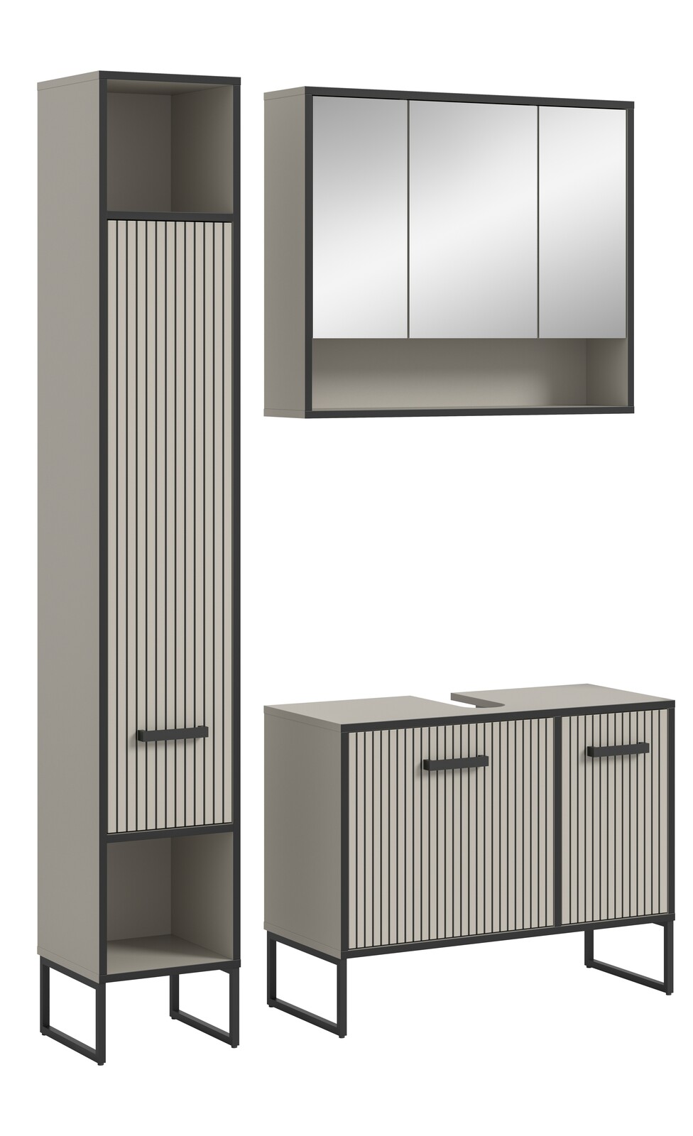 MID.YOU Badkombination BAGNO Moderne Badkombination mit vertikalen Streifen, bestehend aus einem hohen Schrank, einem Spiegelschrank und einem Waschtischunterschrank, aus seitlicher Perspektive.