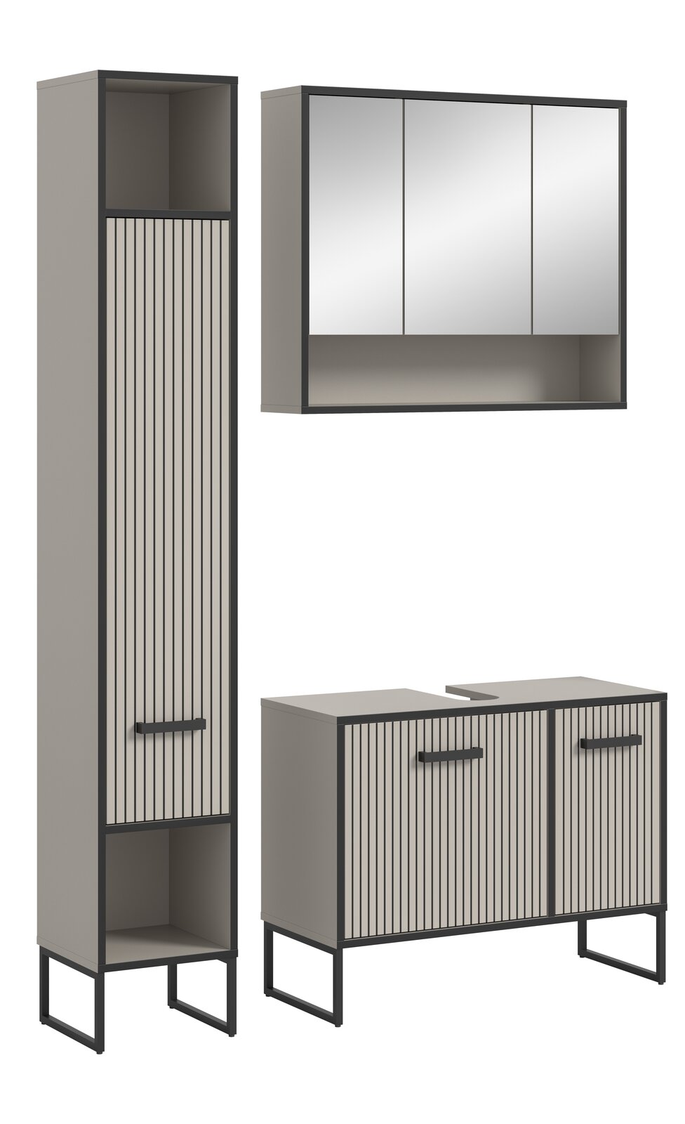 MID.YOU Badkombination BAGNO Moderne Badkombination mit vertikalen Streifen, bestehend aus einem hohen Schrank, einem Spiegelschrank und einem Waschtischunterschrank, aus seitlicher Perspektive.