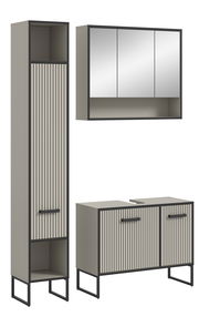 Moderne Badkombination mit vertikalen Streifen, bestehend aus einem hohen Schrank, einem Spiegelschrank und einem Waschtischunterschrank, aus seitlicher Perspektive.