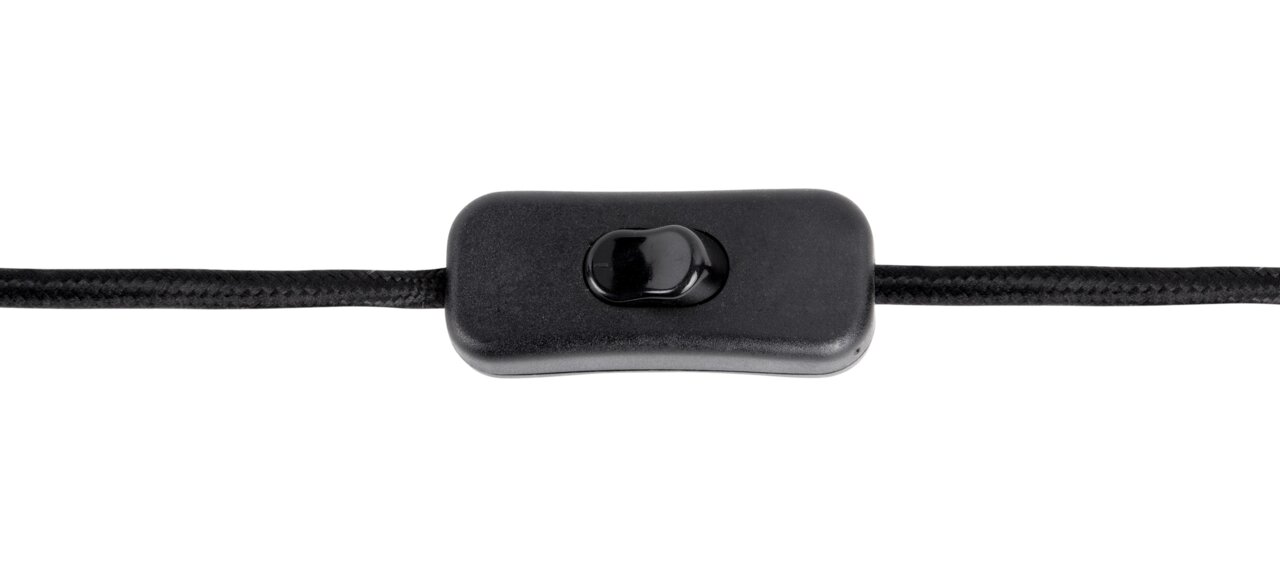 Nahaufnahme eines schwarzen Kippschalters an einem Kabel, perspektivisch von oben betrachtet.