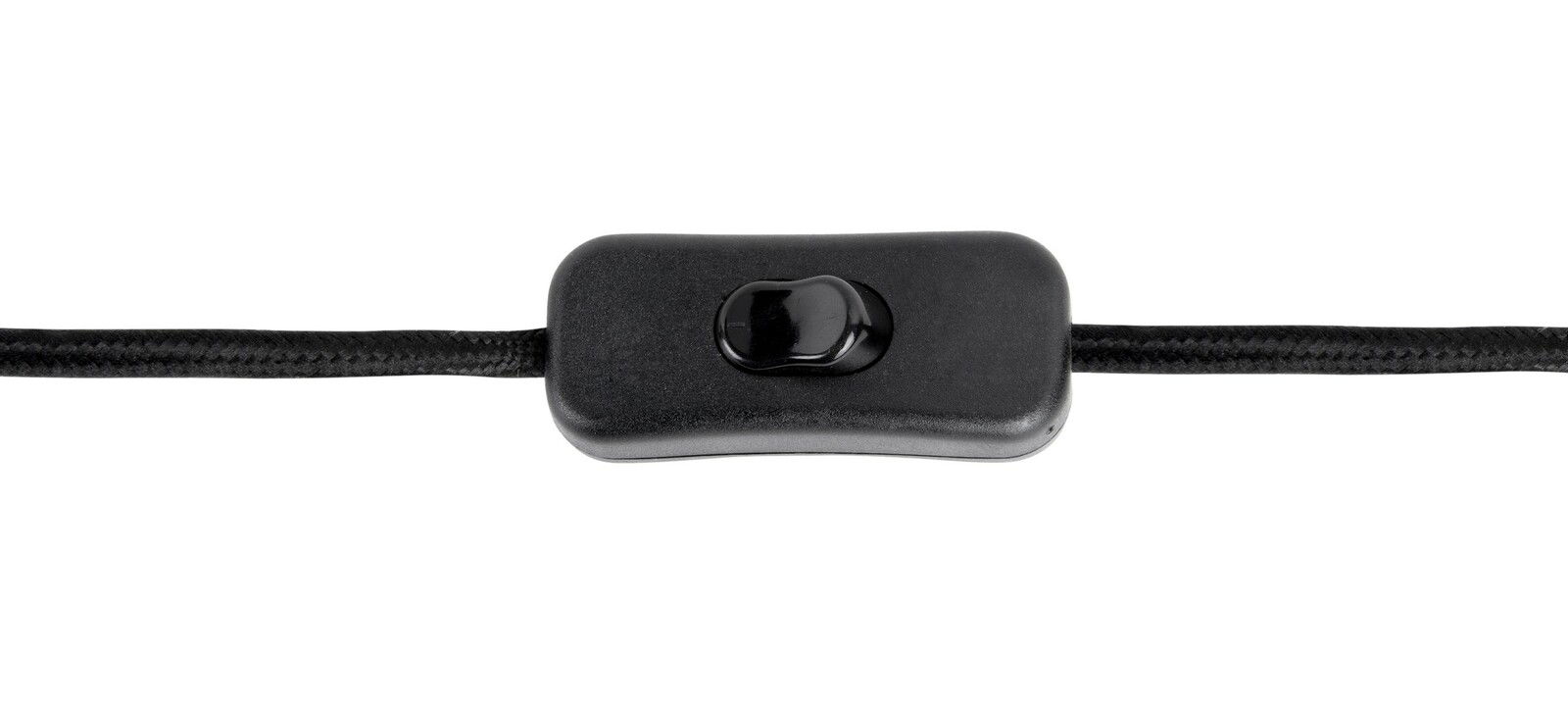 Nahaufnahme eines schwarzen Kippschalters an einem Kabel, perspektivisch von oben betrachtet.