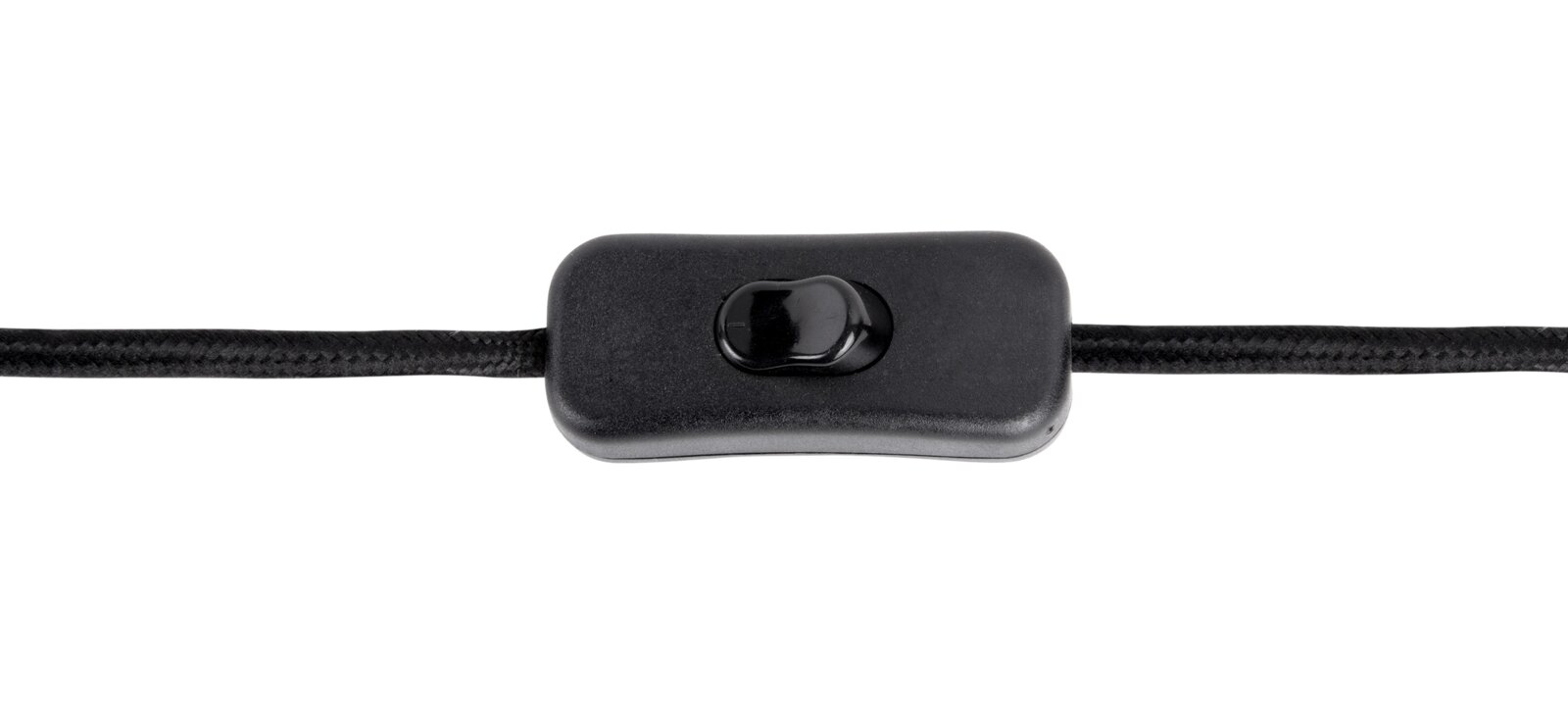 Close-up van een zwarte tuimelschakelaar aan een kabel, in perspectief van bovenaf gezien.