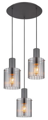 Dreiflammige Hängeleuchte TULIVAR mit rauchgrauen Glasschirmen, von unten betrachtet.