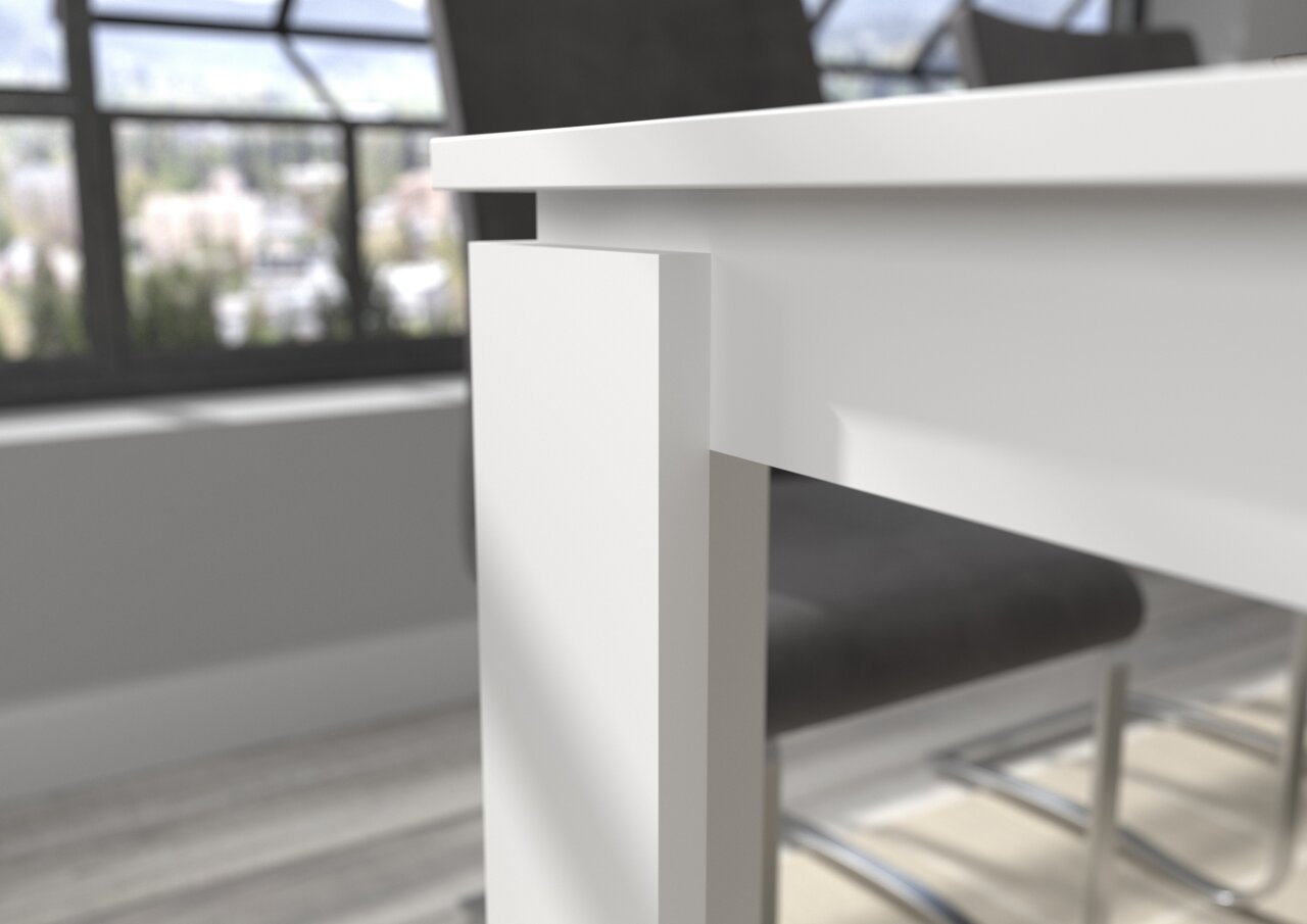 Nahaufnahme eines weißen Esstischbeins in modernem Design, seitliche Perspektive.