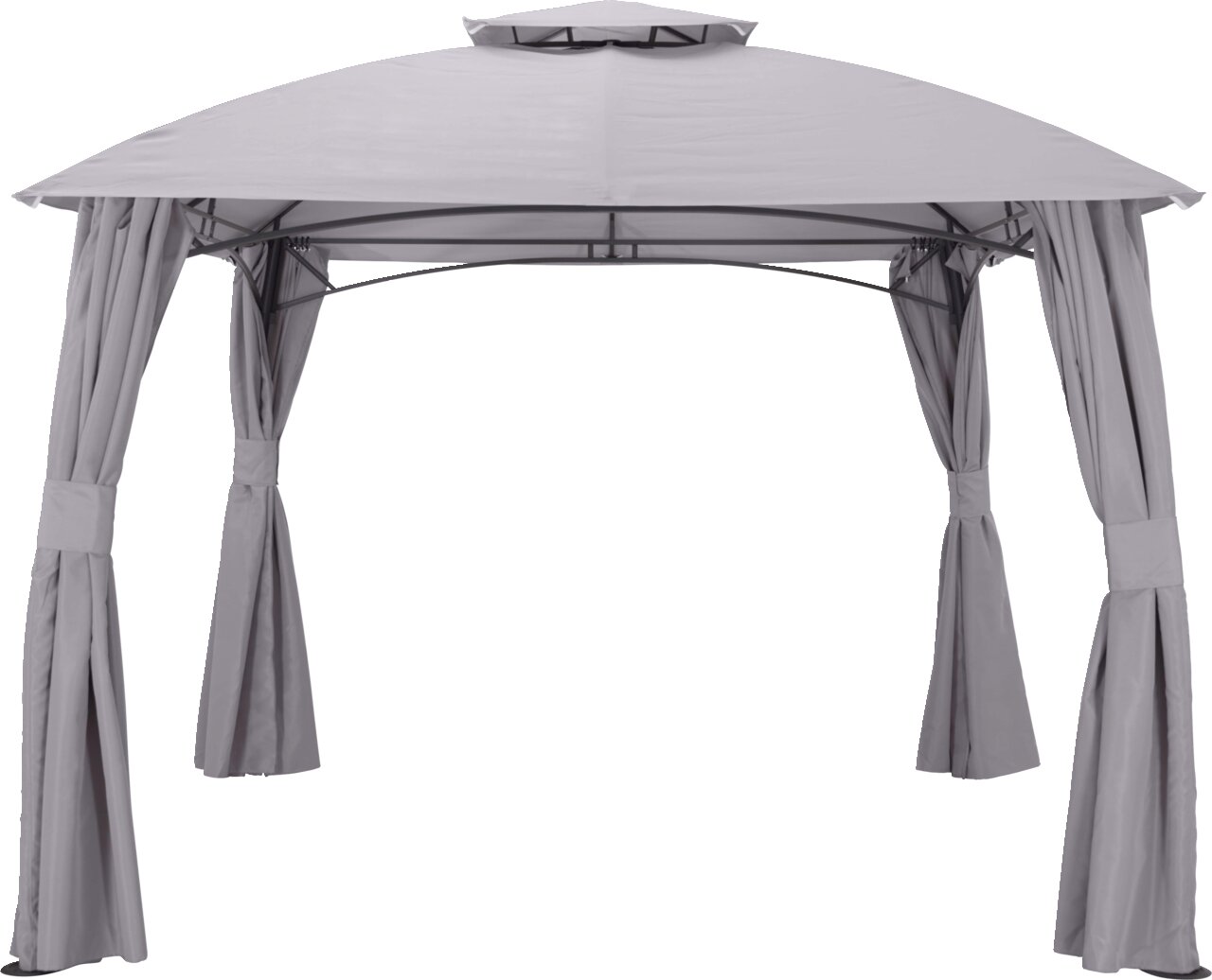 Grauer Pavillon mit Vorhängen, Vorderansicht