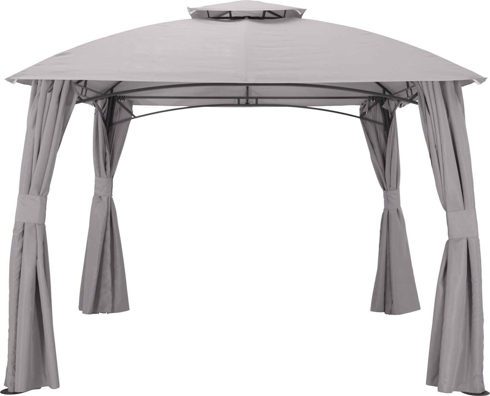 Grauer Pavillon mit Vorhängen, Vorderansicht