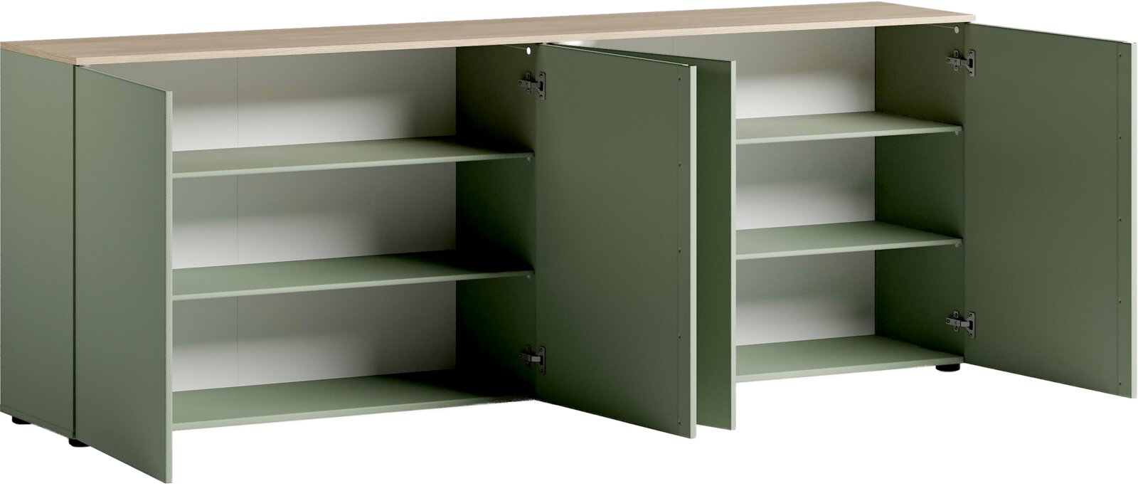 XL-Sideboard in Grün mit offenen Türen, zeigt mehrere Regalböden, Perspektive von vorne