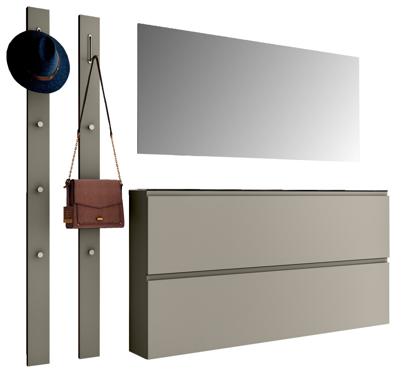 Moderano Garderoben-Set LECCO Garderobenset mit zwei vertikalen Paneelen mit Haken, einem großen rechteckigen Spiegel und einem zweischubligen Schrank in frontaler Ansicht.