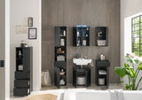 Moderne Badezimmermöbel in schwarzem Design, frontal betrachtet, mit Hängeschrank über dem Waschbecken.