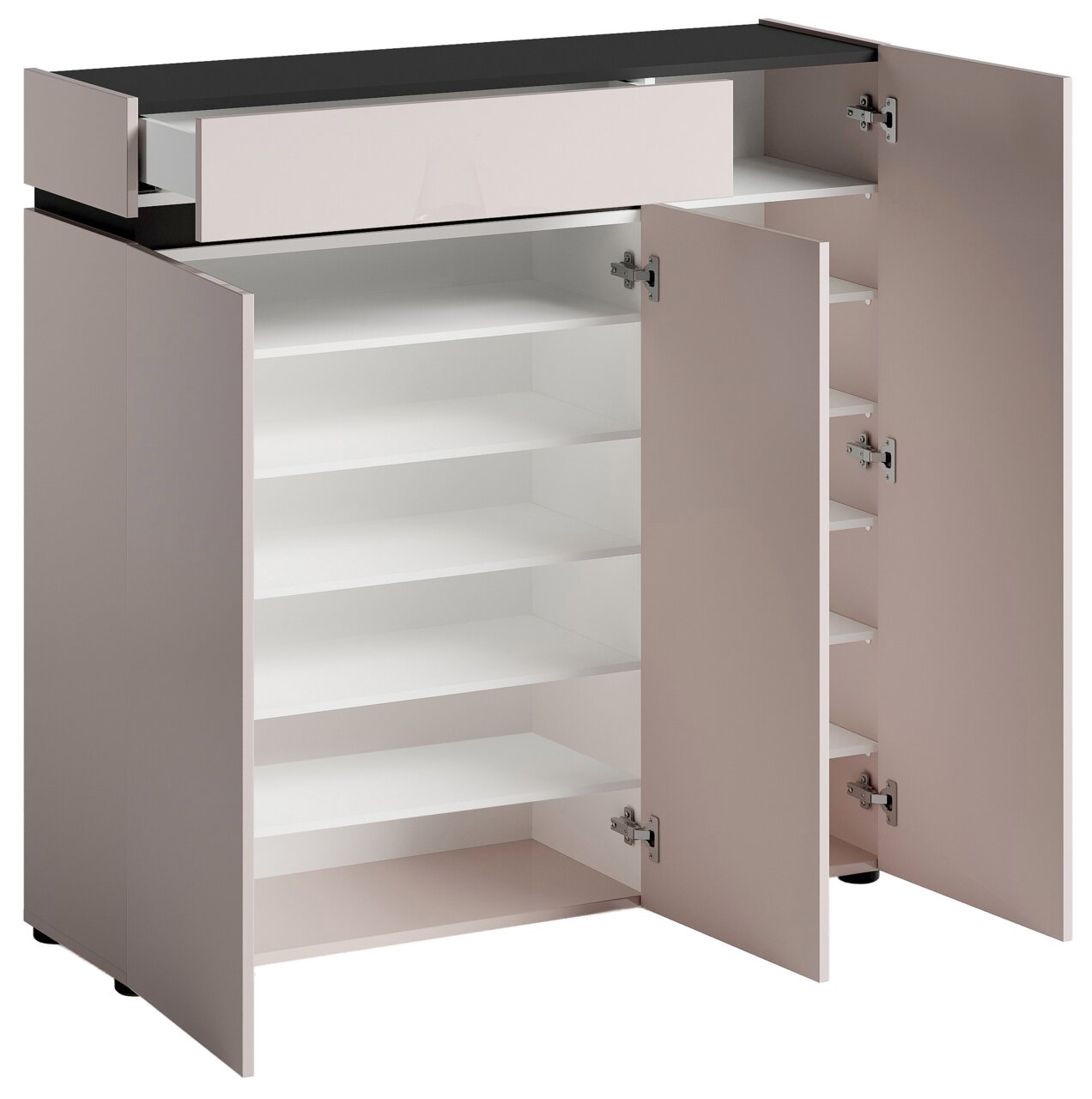 Beige multifunctionele kast met twee open deuren en een open lade, binnenin meerdere witte legplanken, schuin vooraanzicht