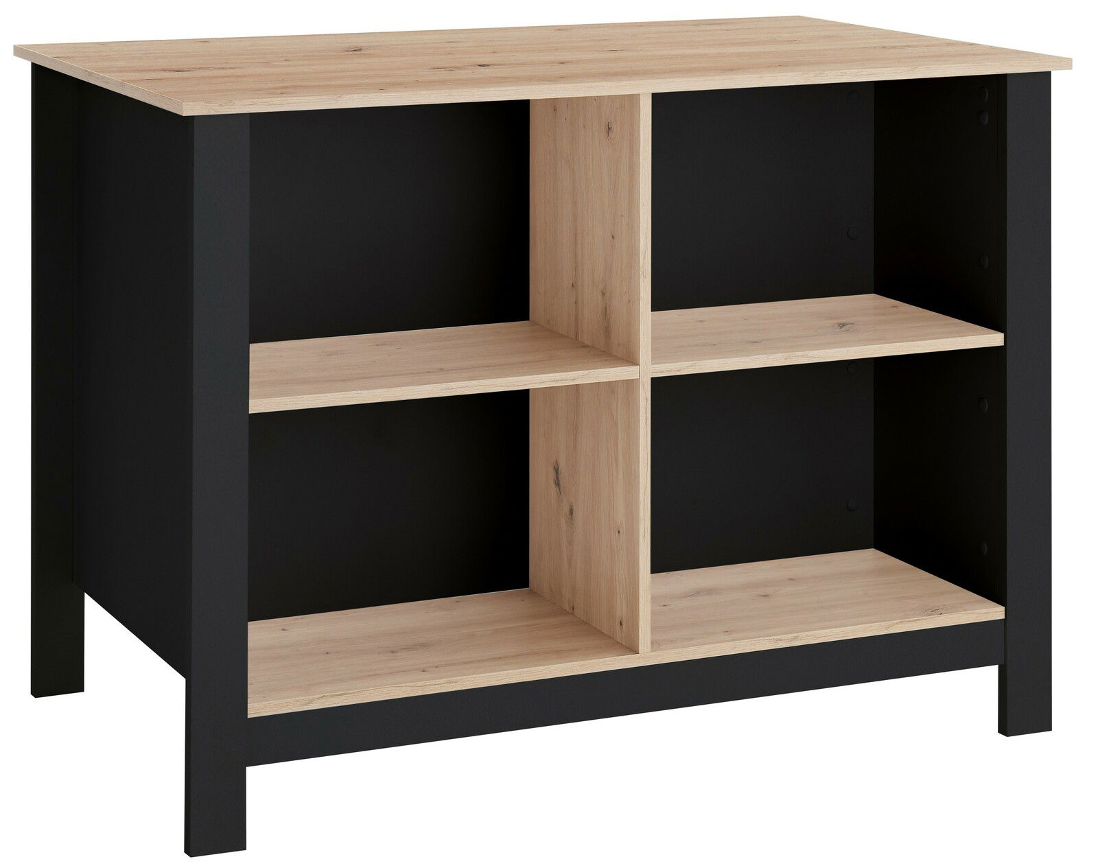 Kücheninsel mit schwarzem Rahmen und naturholzfarbenen Regalböden, Vorderansicht