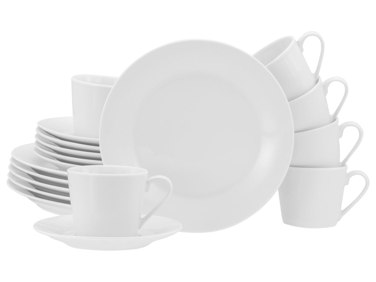 creaTable Kaffeeservice 18-tlg BASE Weißes, schlichtes Porzellan-Geschirrset mit großem Teller im Vordergrund, mehreren gestapelten Tellern und Tassen, freigestellt auf weißem Hintergrund, Frontansicht in leichter Schrägperspektive.