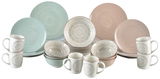 Porzellan-Set Valencia 30-teilig, bestehend aus Tellern, Schalen und Tassen in Pastellfarben mit dekorativen Mustern, frontal präsentiert.