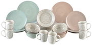 Porzellan-Set Valencia 30-teilig, bestehend aus Tellern, Schalen und Tassen in Pastellfarben mit dekorativen Mustern, frontal präsentiert.