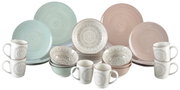 Porzellan-Set Valencia 30-teilig, bestehend aus Tellern, Schalen und Tassen in Pastellfarben mit dekorativen Mustern, frontal präsentiert.