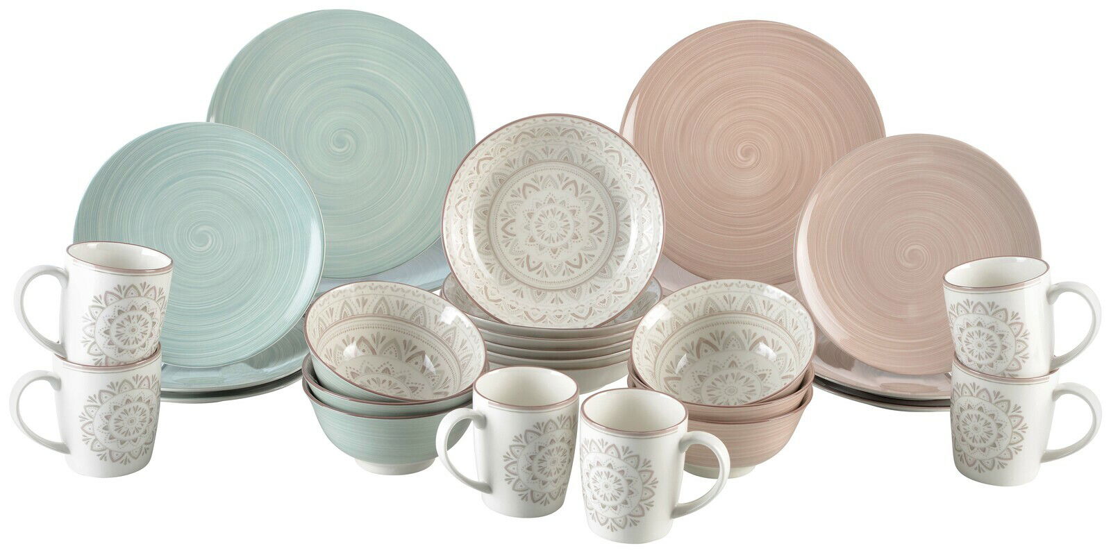 Porzellan-Set Valencia 30-teilig, bestehend aus Tellern, Schalen und Tassen in Pastellfarben mit dekorativen Mustern, frontal präsentiert.