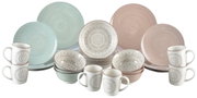Porzellan-Set Valencia 30-teilig, bestehend aus Tellern, Schalen und Tassen in Pastellfarben mit dekorativen Mustern, frontal präsentiert.