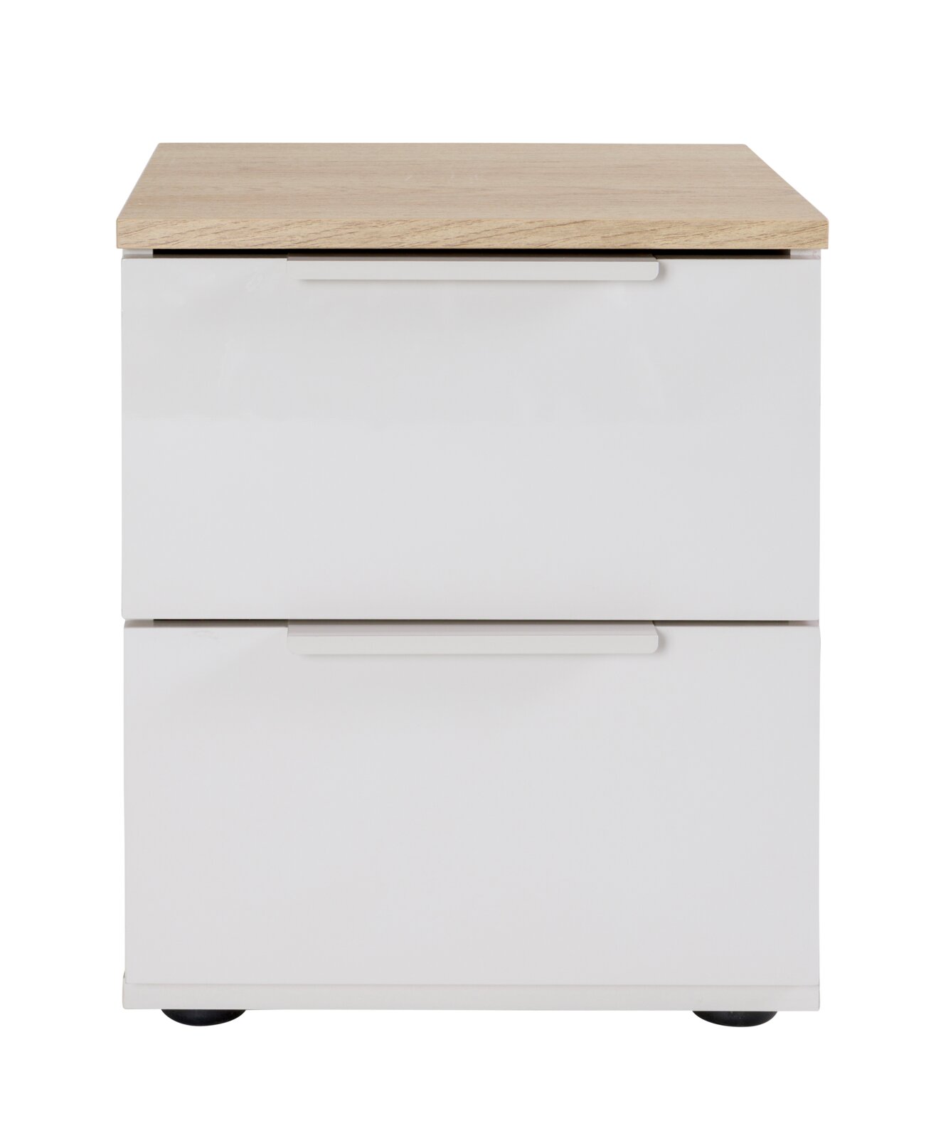 Weißer Nachttisch mit zwei Schubladen, Holzoptik-Platte und schwarzen Füßen, frontal von vorne fotografiert