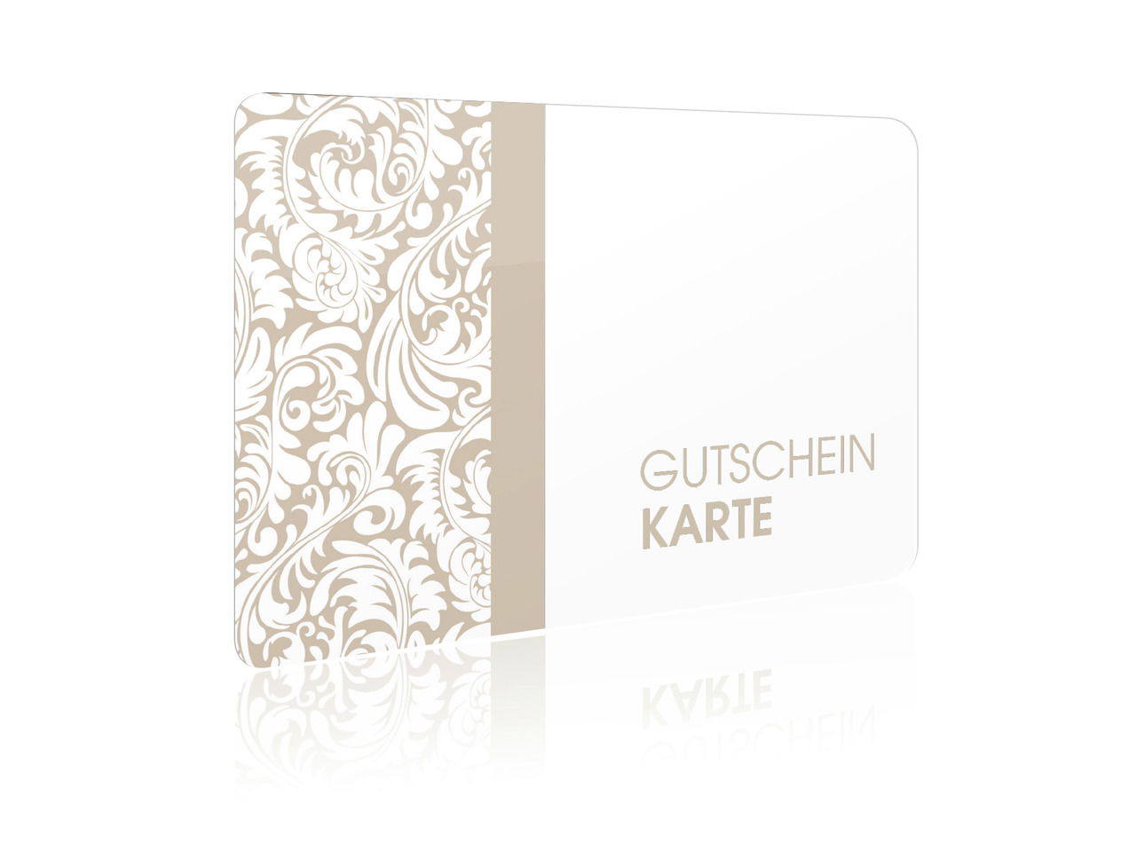 Geschenkgutschein im Querformat mit elegantem, floralem Muster auf der linken Seite und der Aufschrift 'GUTSCHEIN KARTE' auf der rechten Seite.