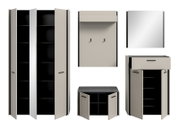 Mehrteilige Garderobenmöbel in Beige und Schwarz mit Schrank, Wandpaneel und Schuhbank mit Sitzpolster, teils mit geöffneten Türen, in Frontansicht auf weißem Hintergrund