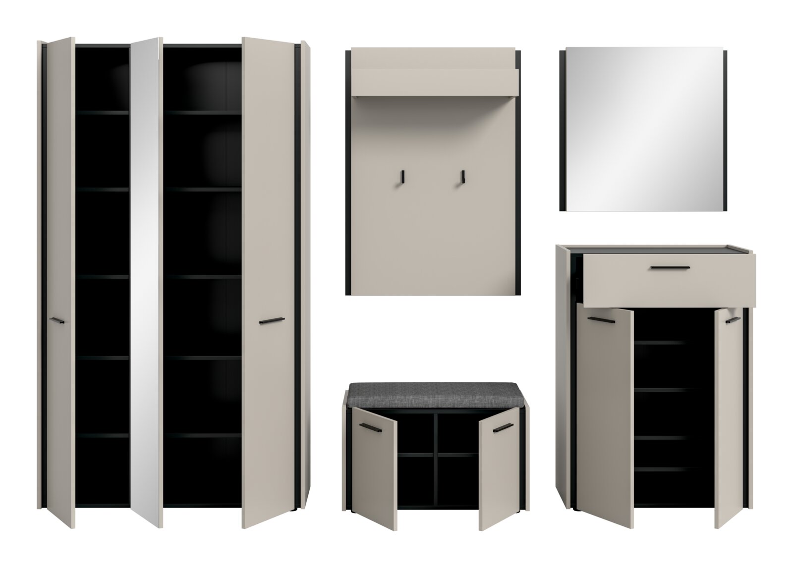 Mehrteilige Garderobenmöbel in Beige und Schwarz mit Schrank, Wandpaneel und Schuhbank mit Sitzpolster, teils mit geöffneten Türen, in Frontansicht auf weißem Hintergrund