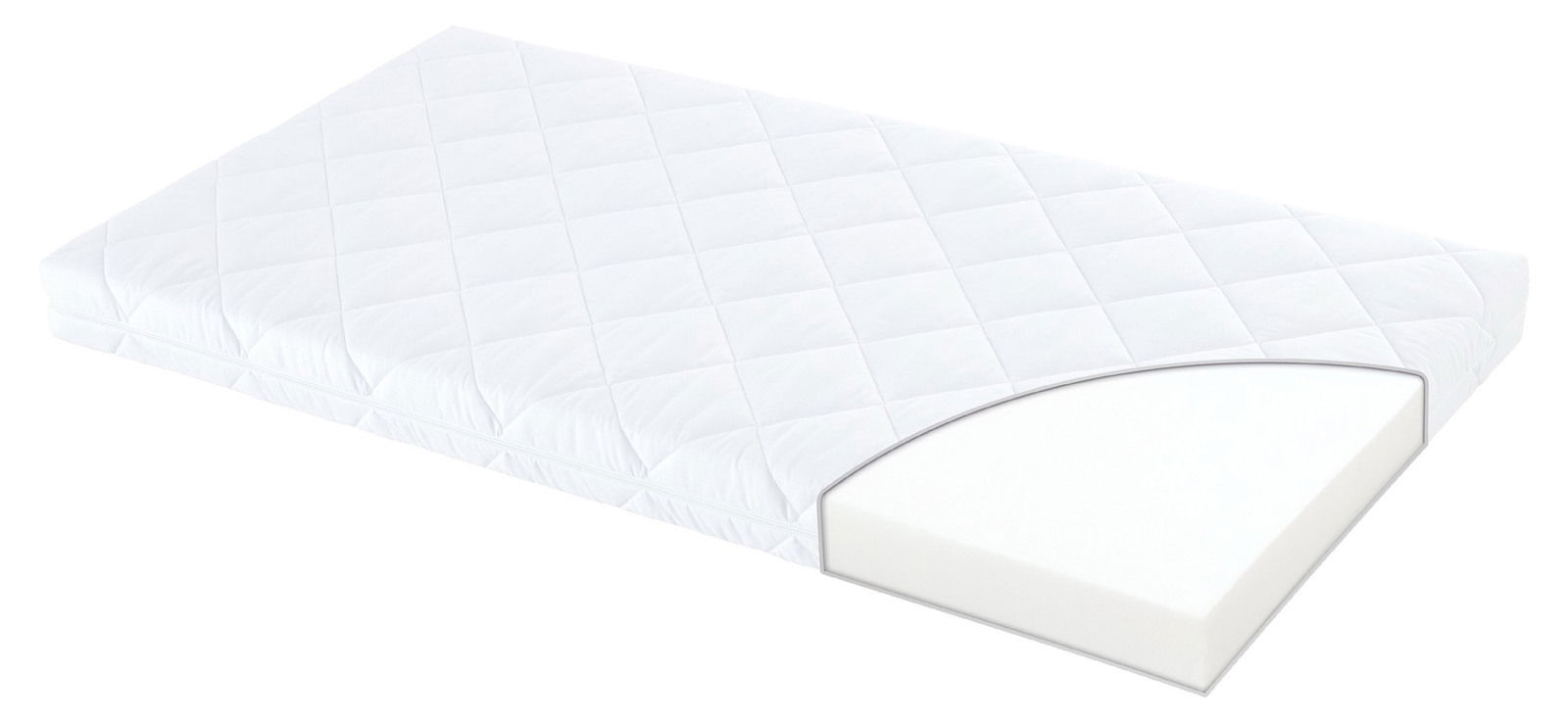 Weiße Matratze 70x140 cm mit abgerundeter Ecke, seitliche Perspektive