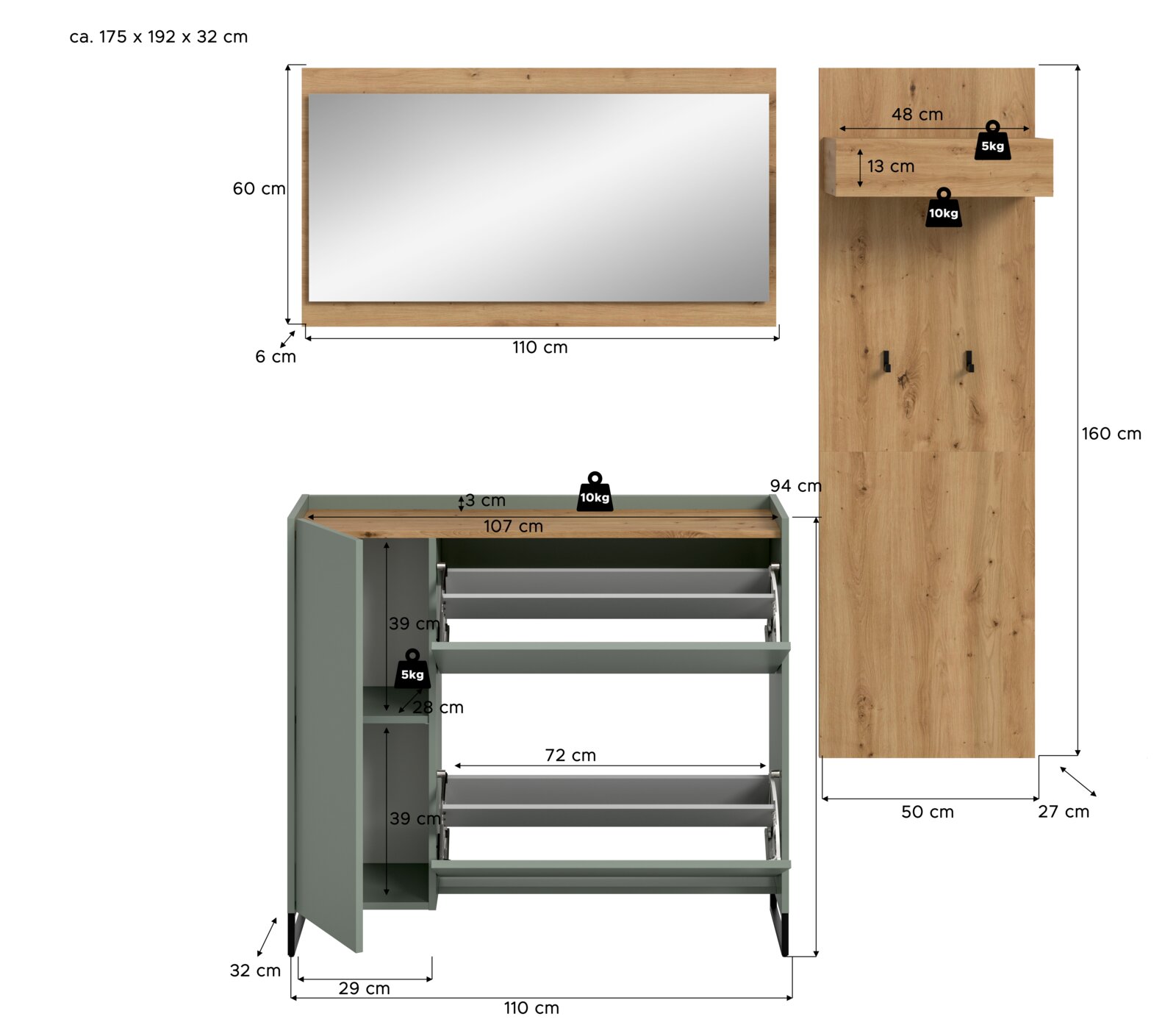 Maßgrafik eines Garderoben-Sets in Eiche-Optik mit Wandspiegel (110 x 60 cm, Rahmen ca. 6 cm), Wandpaneel mit Ablage und Haken (160 x 50 x 27 cm) sowie Schuhschrank in Salbeigrün/Eiche mit zwei Klappfächern und geöffneter Tür (110 x 94 x 32 cm), dargestel