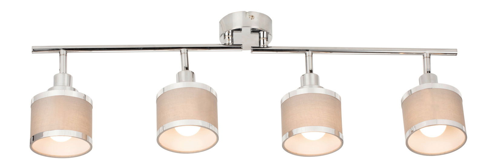 Vierflammiger Deckenstrahler mit verchromtem Gestell und beigen Lampenschirmen, seitliche Perspektive