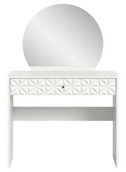 Weißer Schminktisch mit rundem Spiegel und geometrisch gemusterter Schublade, Frontalansicht