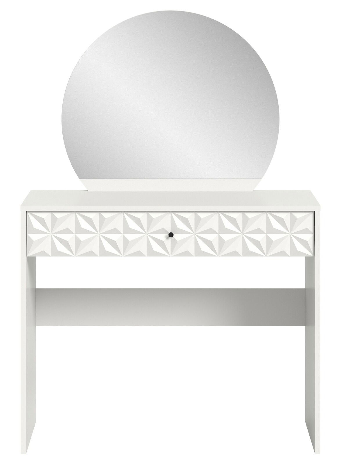 Weißer Schminktisch mit rundem Spiegel und geometrisch gemusterter Schublade, Frontalansicht