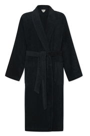 Schwarzer Bademantel mit Schalkragen und Bindegürtel, Vorderansicht