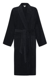Schwarzer Bademantel mit Schalkragen und Bindegürtel, Vorderansicht