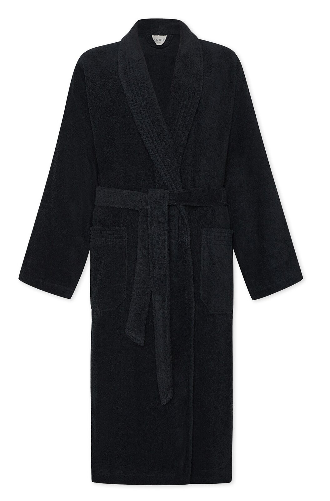 Schwarzer Bademantel mit Schalkragen und Bindegürtel, Vorderansicht