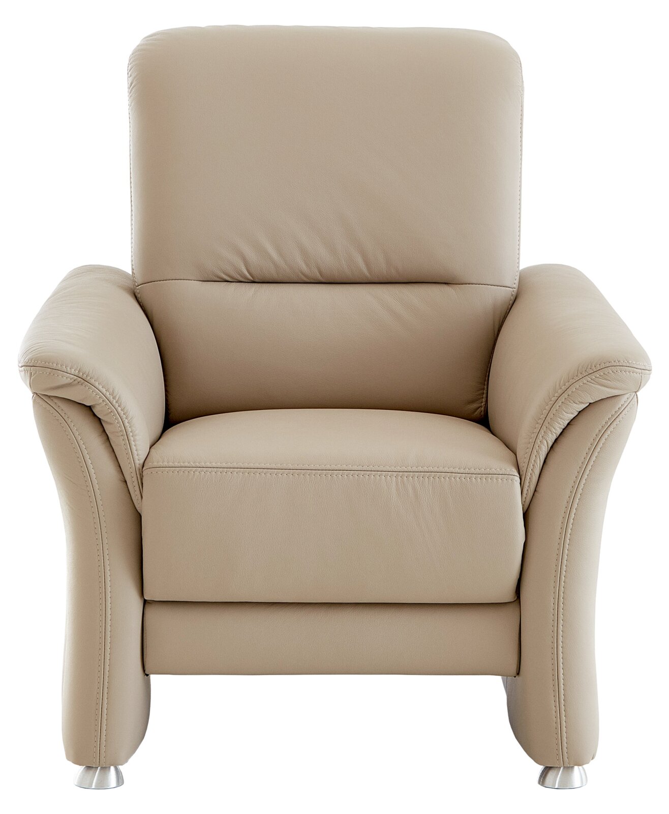 Beige leren fauteuil in vooraanzicht met moderne metalen poten.